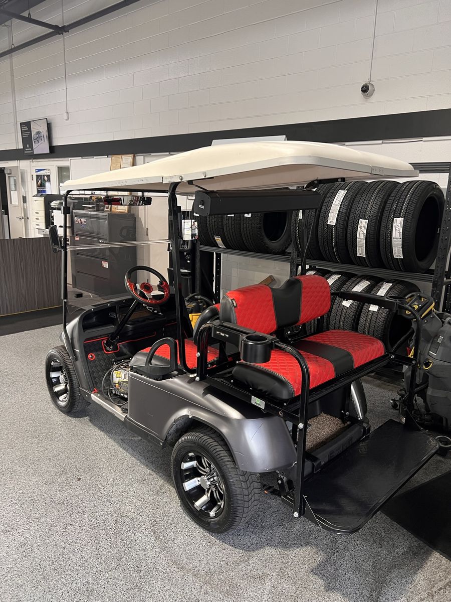 Custom Golf Cart - Red & Black Seats, New Wheels & Tires, Bluetooth Speaker, Headlights, and new Fold down Windshield for sale!