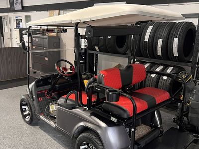 Custom Golf Cart - Red & Black Seats, New Wheels & Tires, Bluetooth Speaker, Headlights, and new Fold down Windshield for sale!