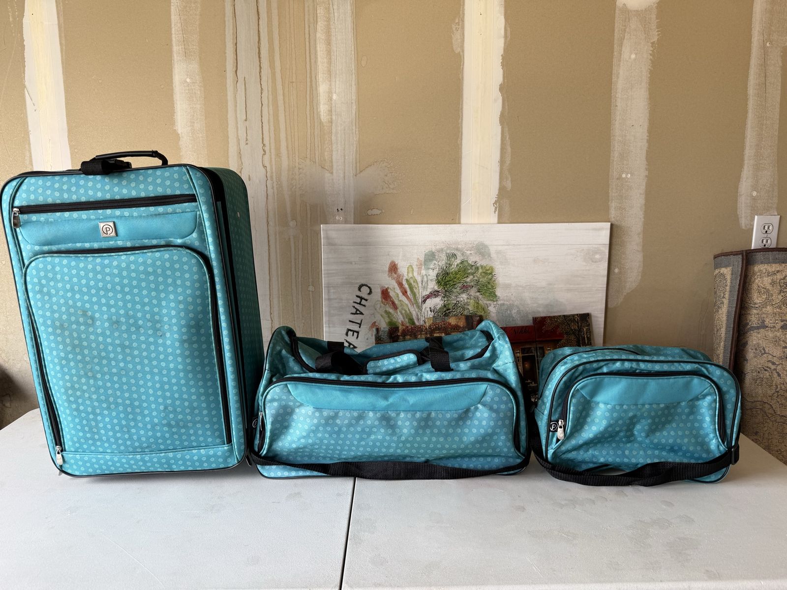 Teal Polka Dot Rolling Luggage Set with Duffel and Toiletry Bag - perfect for dance company traveling