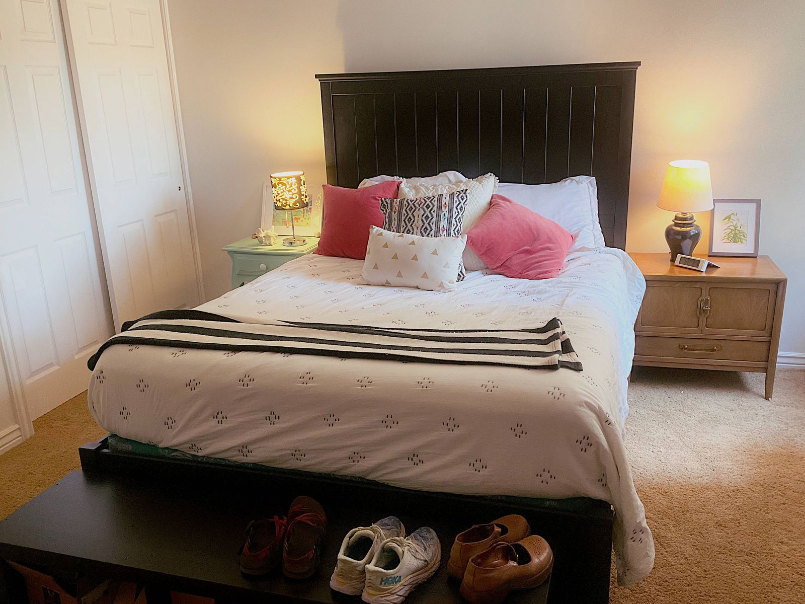 Black queen bed frame and bench with storage