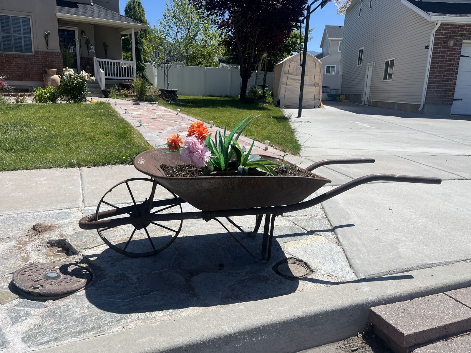 Vintage Rustic Metal Wheelbarrow Planter / Garden Decor