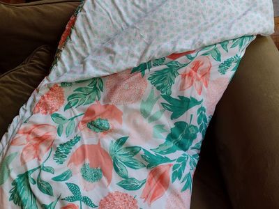 Coral and Emerald Green Painterly Floral Reversable Comforter Set