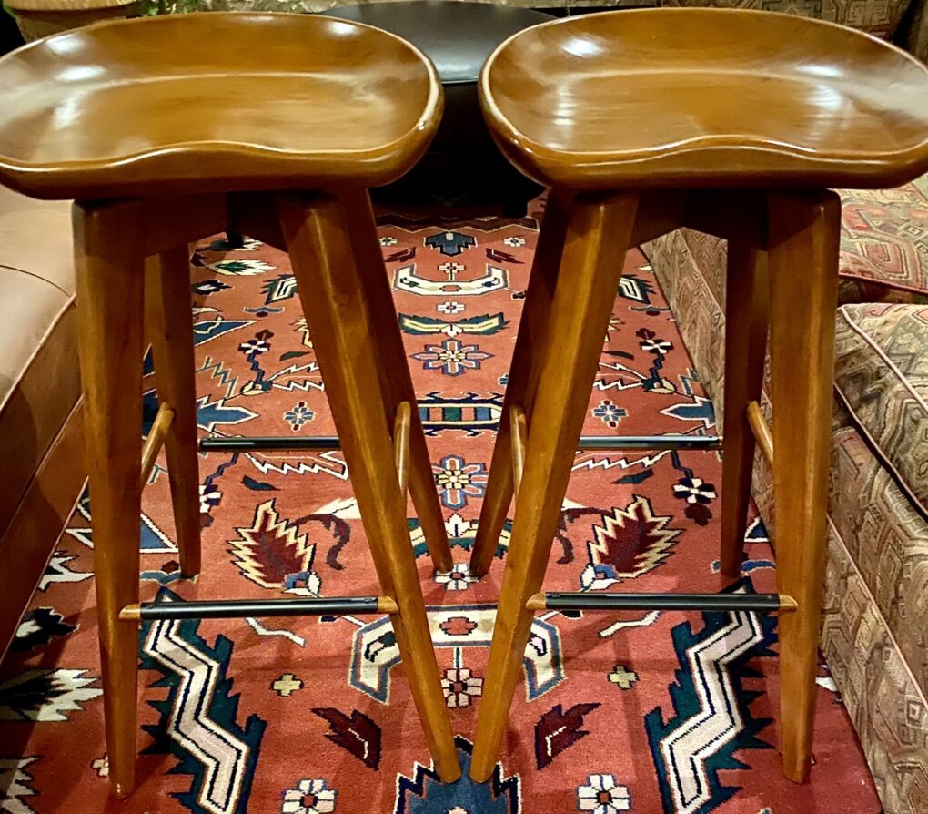 Two 30-inch Wooden Swivel Stools
