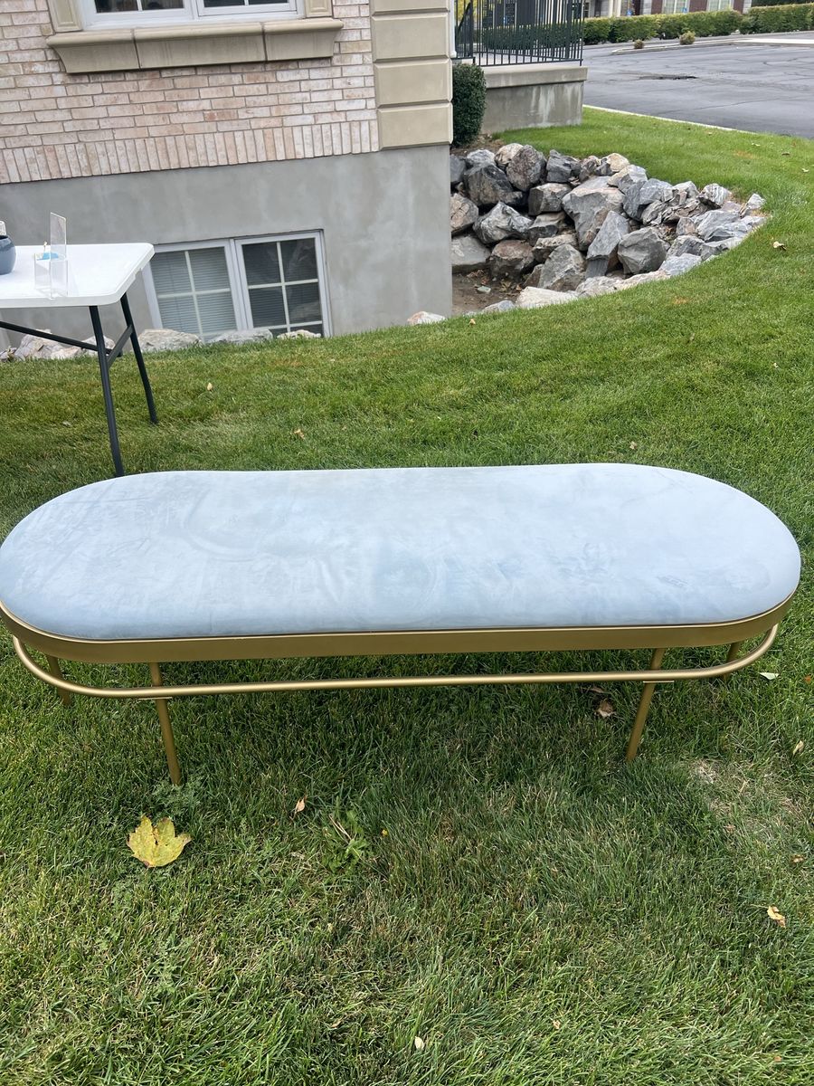 Light Blue Velvet Upholstered Bench with Gold Metal Frame
