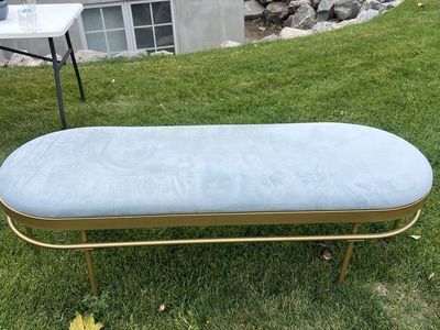 Light Blue Velvet Upholstered Bench with Gold Metal Frame
