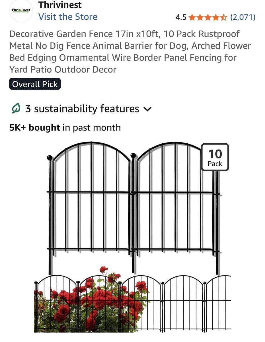 Brand New 17" H x 10 ft L Decorative Metal No-Dig Garden Fence, 10-Pack Rustproof Arched Border Edging (in box)