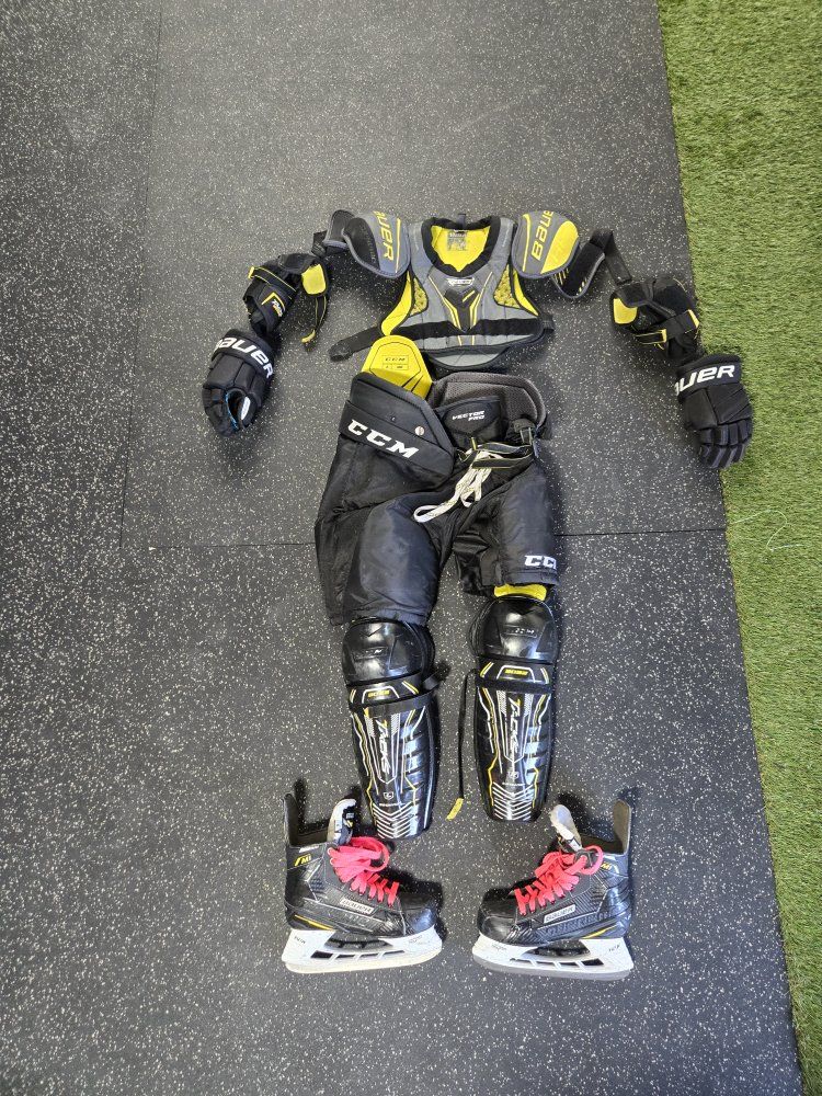 Youth hockey gear.