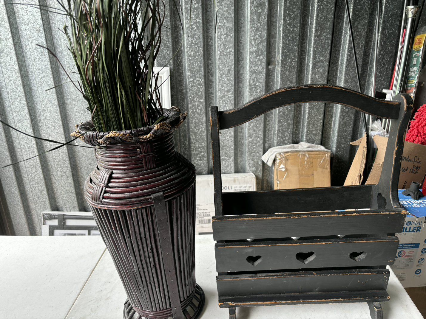 Rustic Wooden Magazine Caddy Rack & Wicker Floor Vase Set