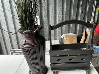 Rustic Wooden Magazine Caddy Rack & Wicker Floor Vase Set