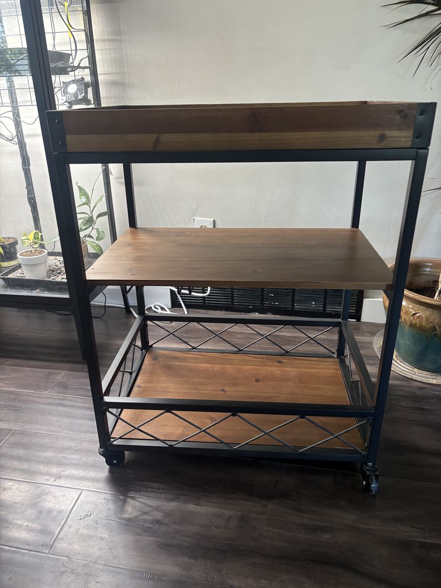 Multi-tier Wood & Metal Bar Cart with Removable Tray & Wine Glass Hanging Rack on Wheels (26x17.75x33")