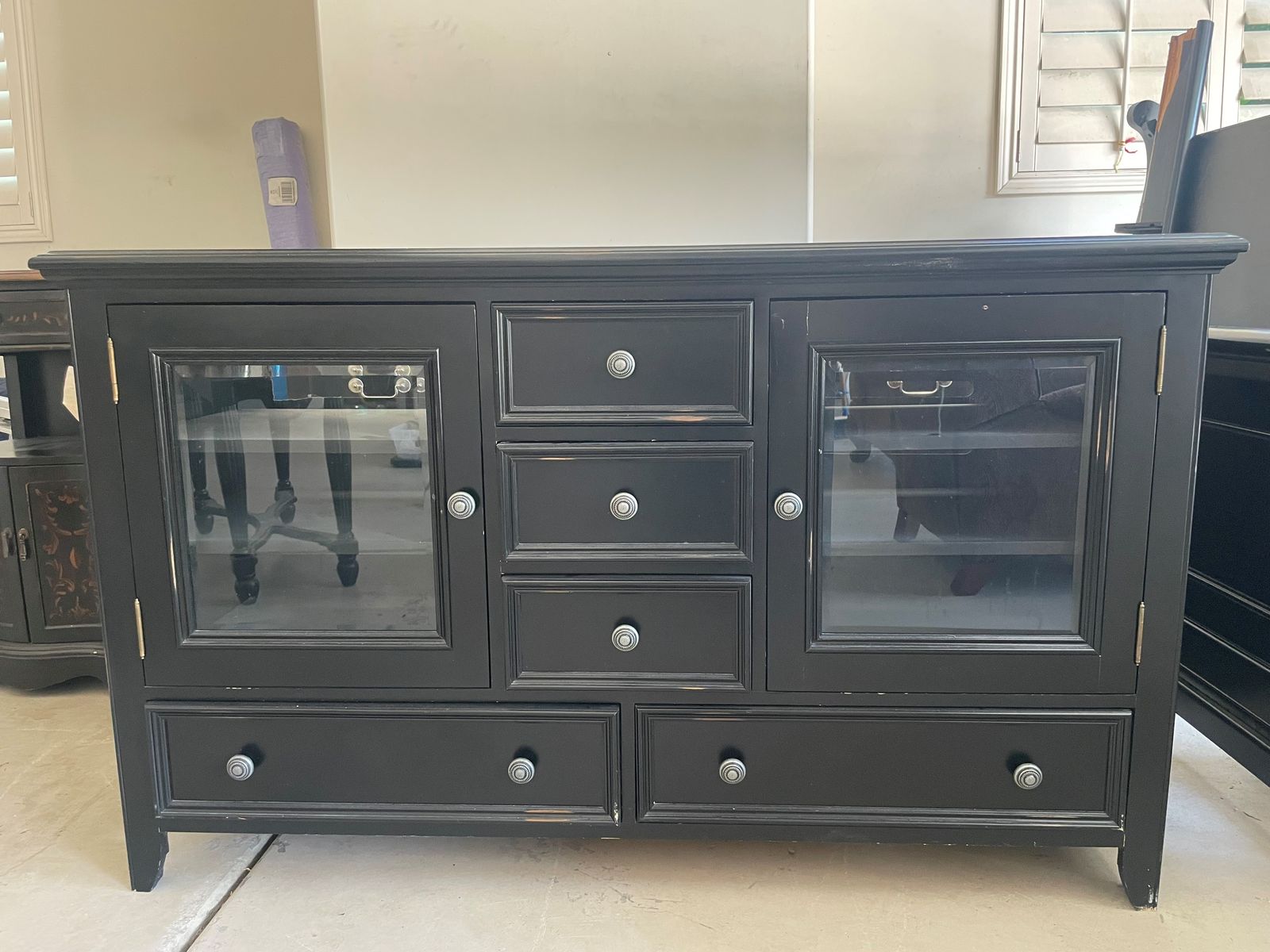 Black Entertainment Center TV Stand Media Console with Glass Doors & 5 Drawers