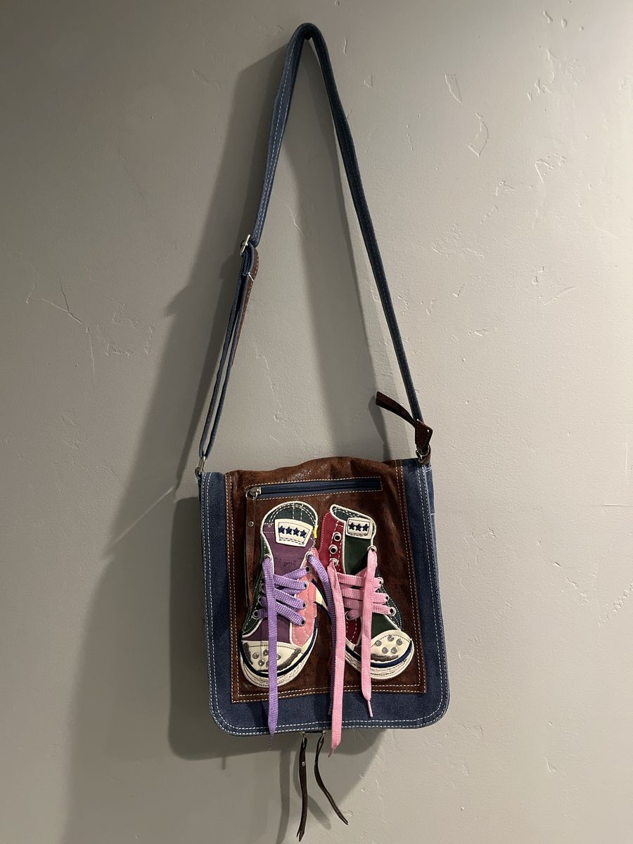 Denim & Faux Leather Crossbody Bag with Sneaker Appliqué
