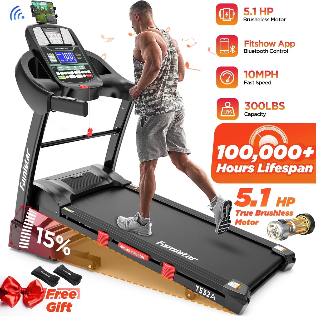 Famistar T532a 5.1HP Folding Treadmill for Home with 15% Auto Incline, 300 LB
