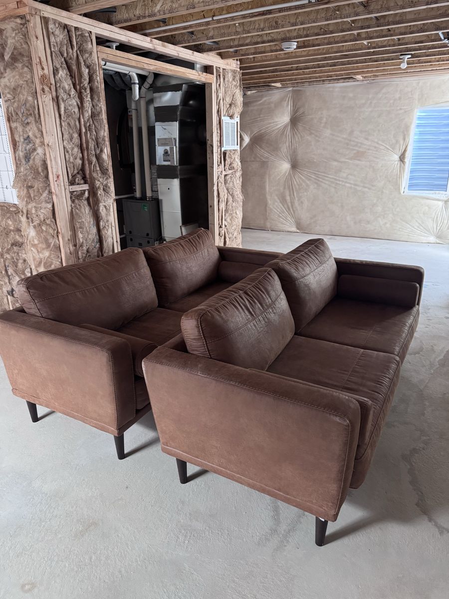 Brown Faux Leather Mid-Century Modern Sofa and Loveseat