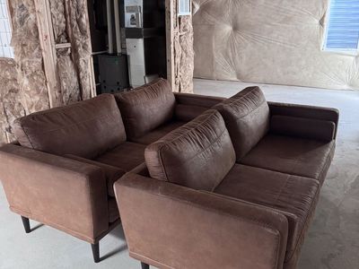 Brown Faux Leather Mid-Century Modern Sofa and Loveseat