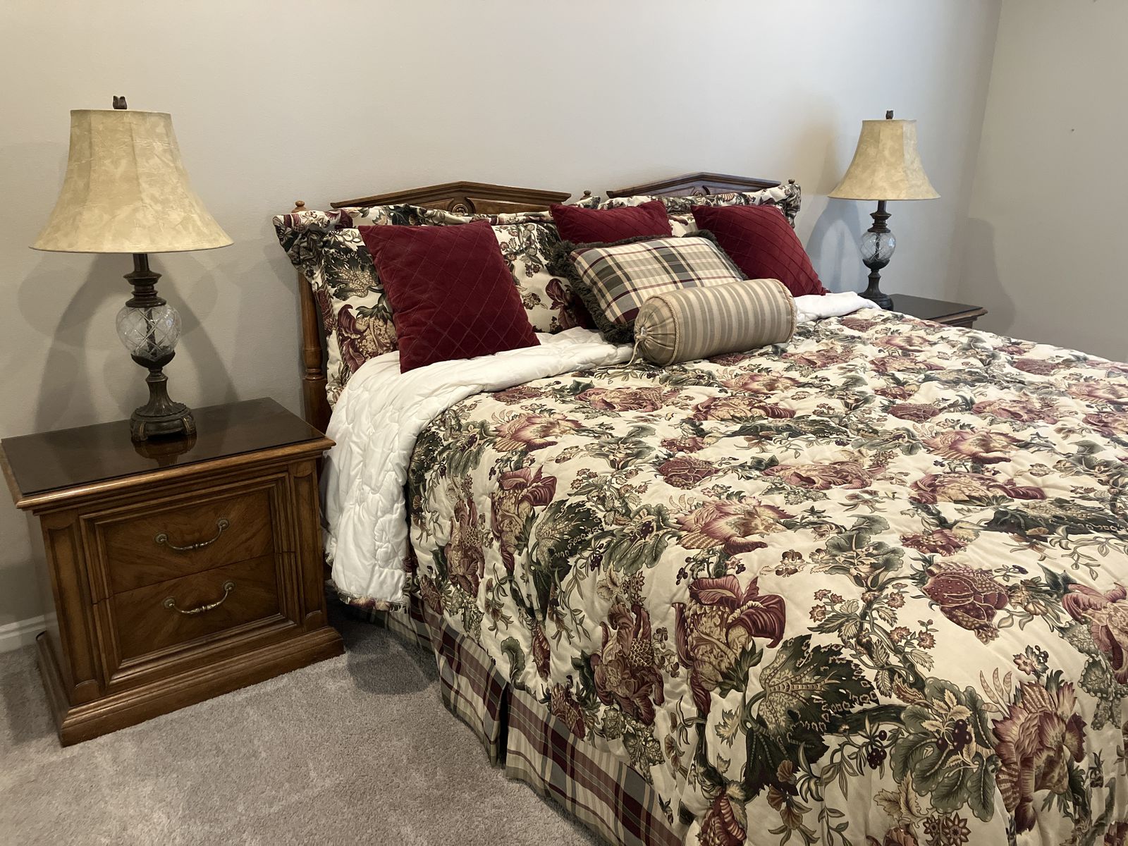 Vintage Wooden Bedroom Set with Bed Frame, Dresser, Mirrors, and Armoire
