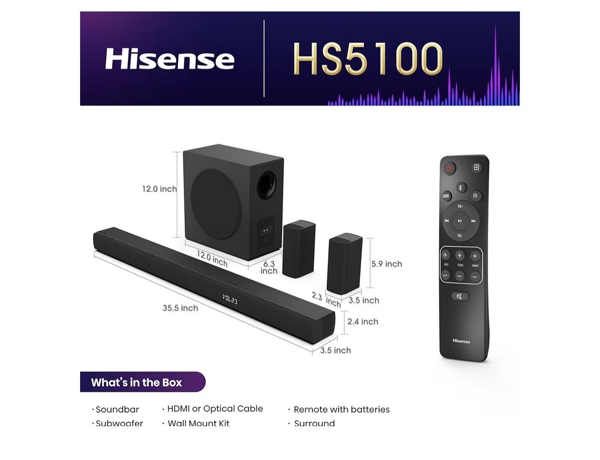 Hisense HS5100 5.1Ch Sound Bar with Wireless Sub