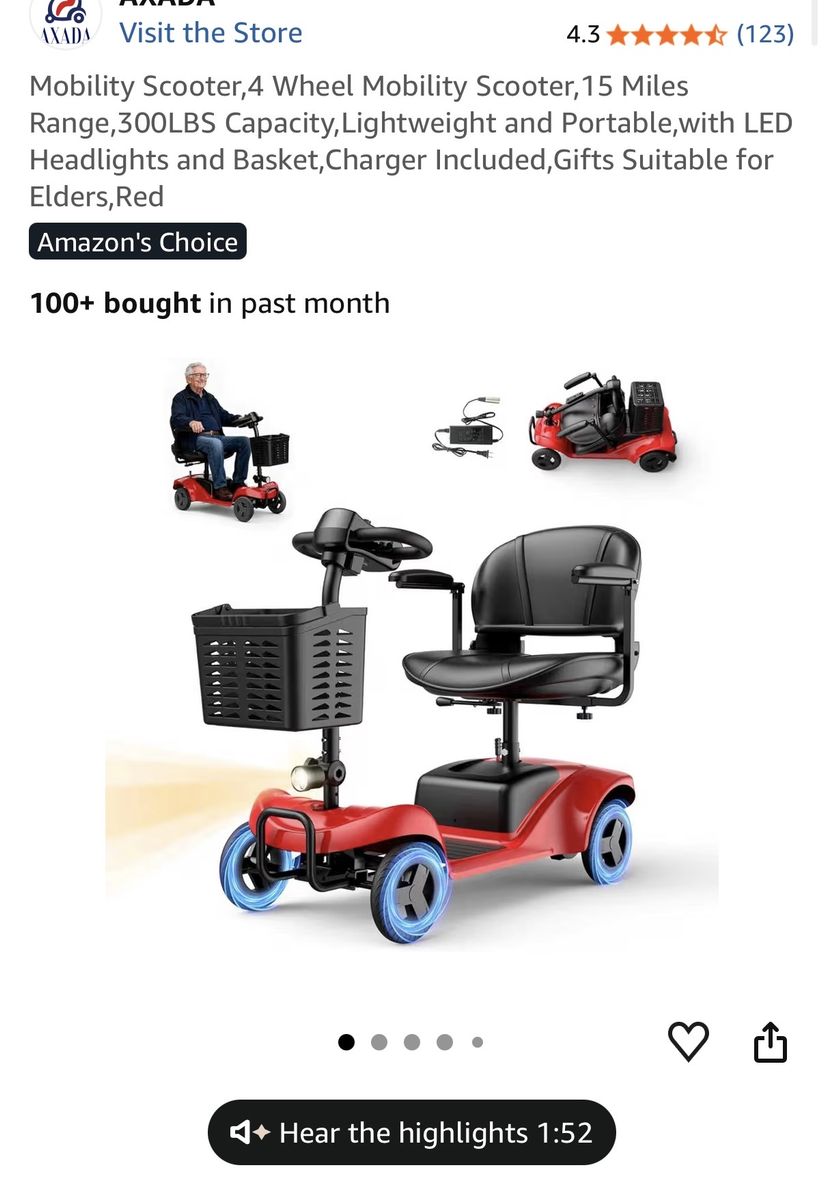 4-Wheel Portable Mobility Scooter - Red, 15 Mile Range, 300 lbs Capacity brand new
