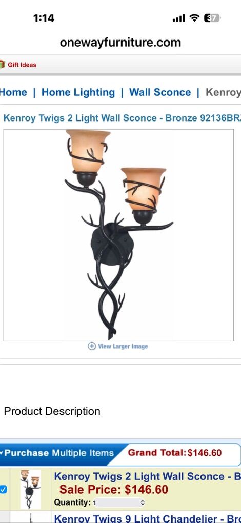 NEW Kenroy Twigs 2 Light Wall Sconce