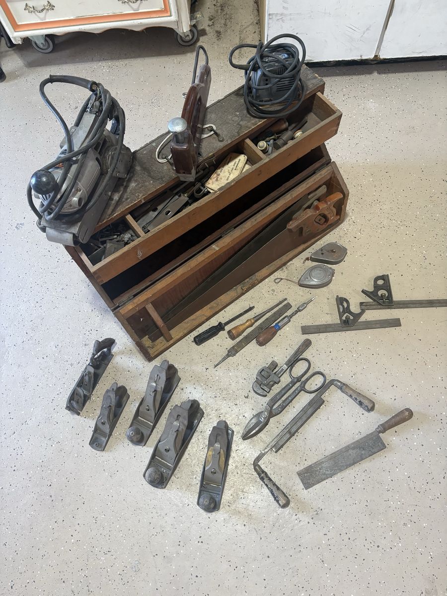 Pioneer style antique carpentry and woodworking tool kit