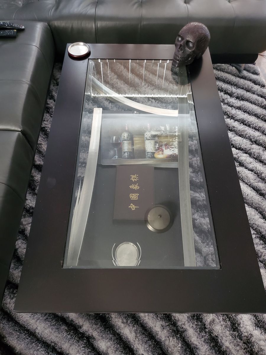 Modern Black Wood & Glass Coffee Table with Stainless Steel Accents - Storage Shelf