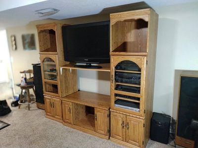 Oak Entertainment Center TV Stand Media Console with Storage Cabinets and Shelves - Great Condition