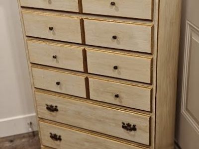 Vintage Mid-Century Tallboy Dresser – Cream & Gold, Solid Wood