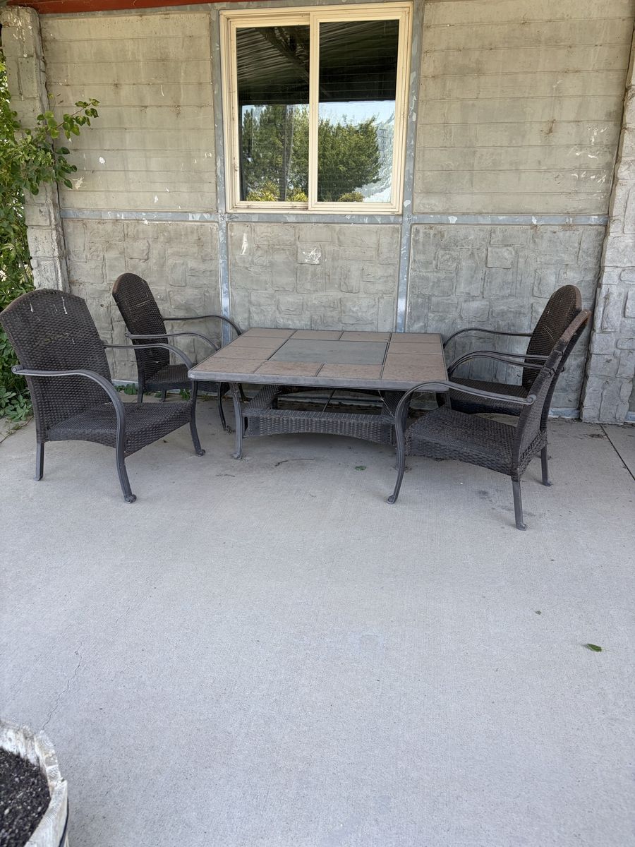 5-Piece Outdoor Patio Dining Set with Tile-Top Table and Wicker Armchairs