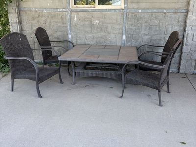 5-Piece Outdoor Patio Dining Set with Tile-Top Table and Wicker Armchairs