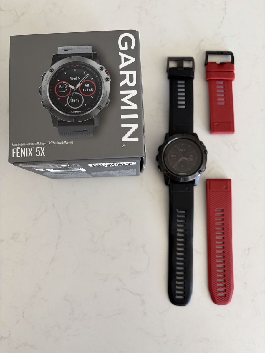 Garmin Fenix 5X Sapphire Edition Multisport GPS Smartwatch with box and charging cable