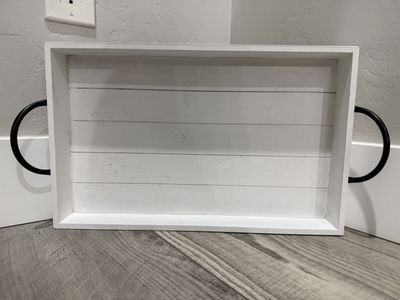White Wood Farmhouse Decor Tray with Black Metal Handles - Rectangular Serving Tray