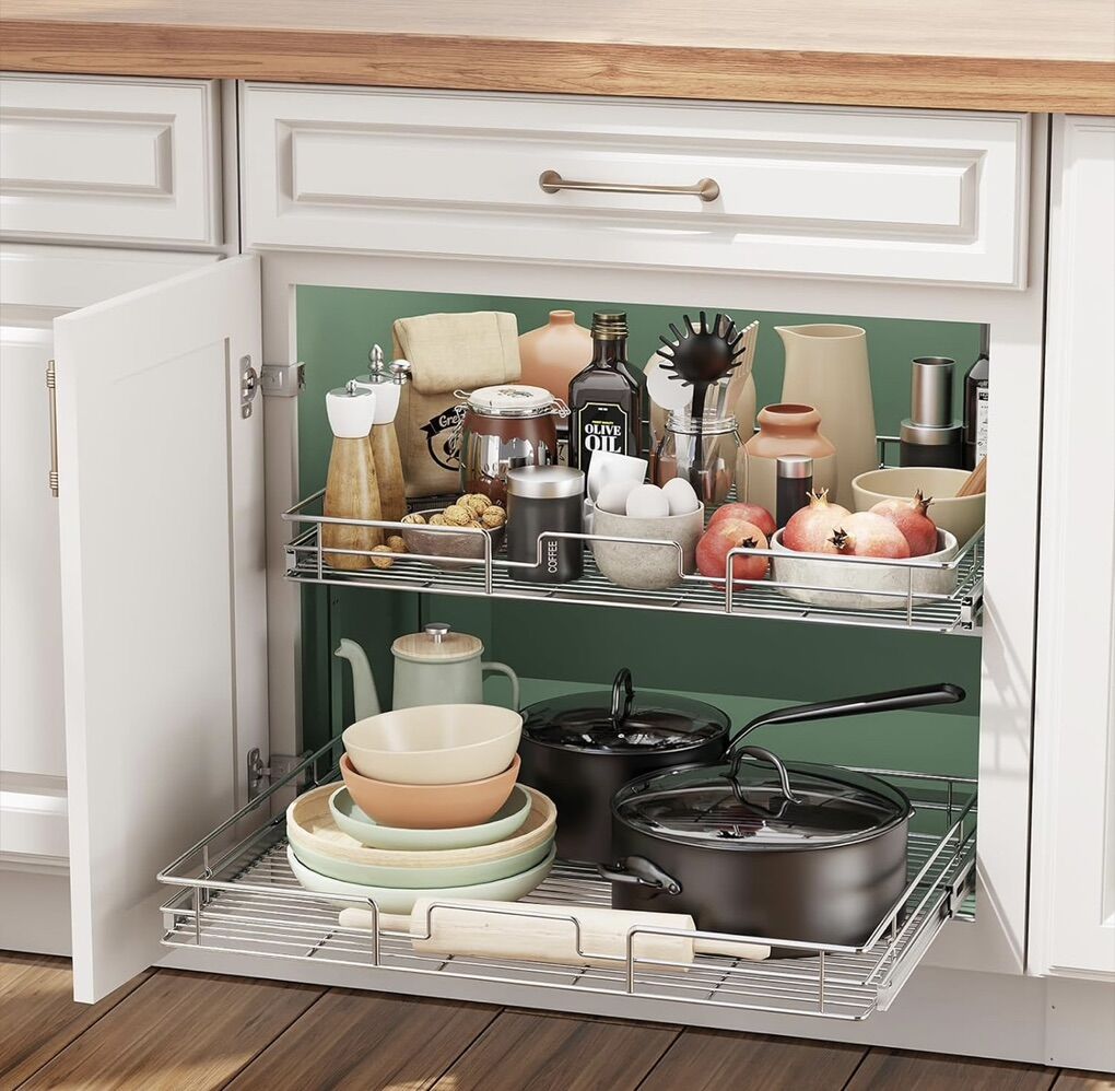 Sliding cabinet storage shelves
