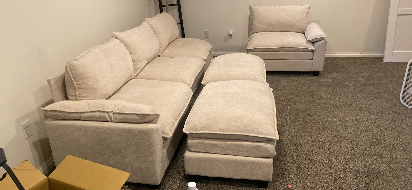 Large Beige Fabric Sectional Sofa with Ottomans and Matching Chair