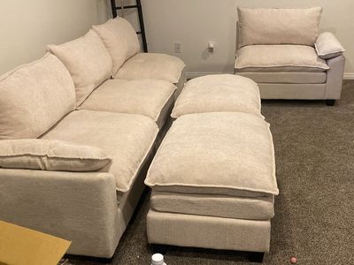 Large Beige Fabric Sectional Sofa with Ottomans and Matching Chair