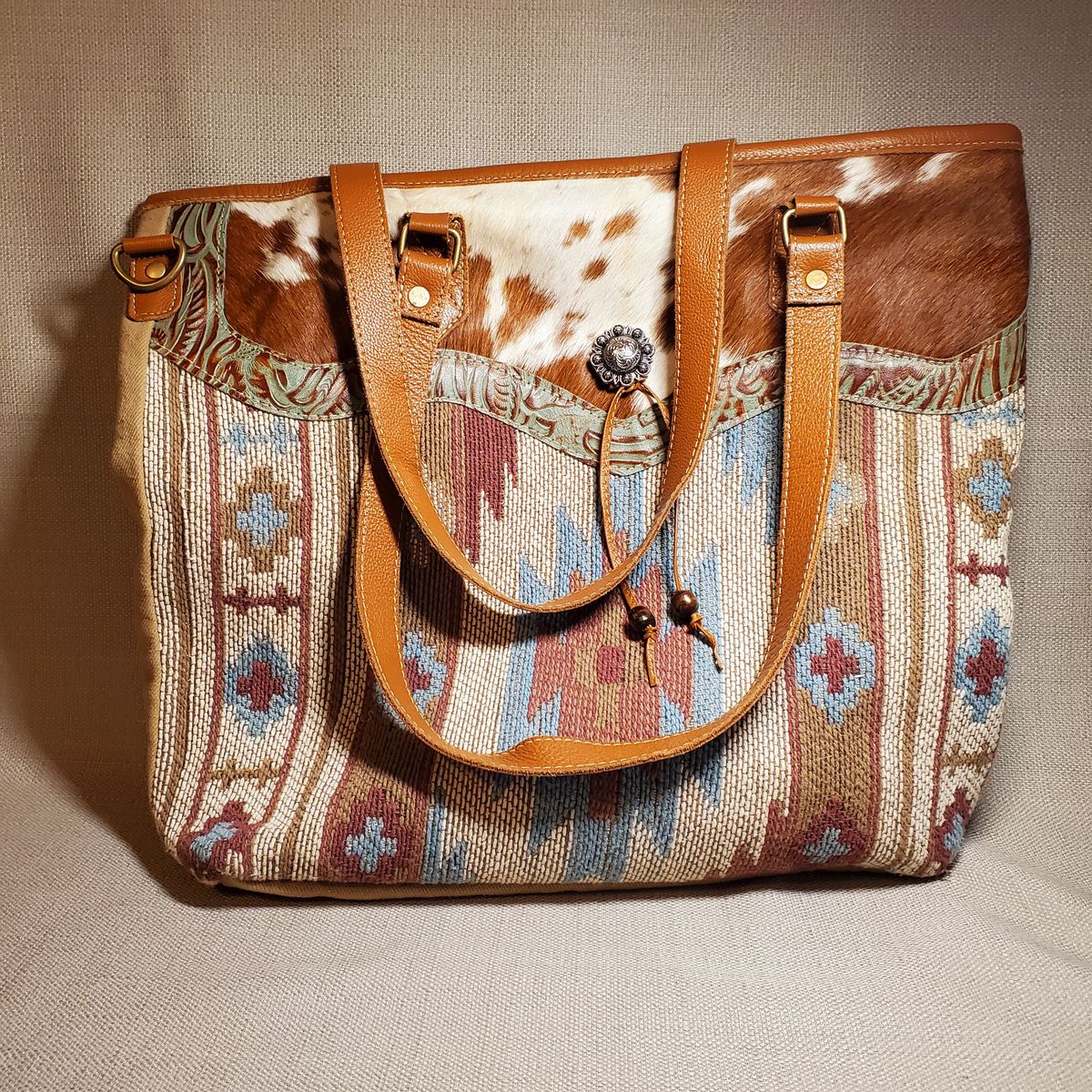 Myra Bag Southwestern Hair-On Cowhide & Tooled Leather Tote Bag