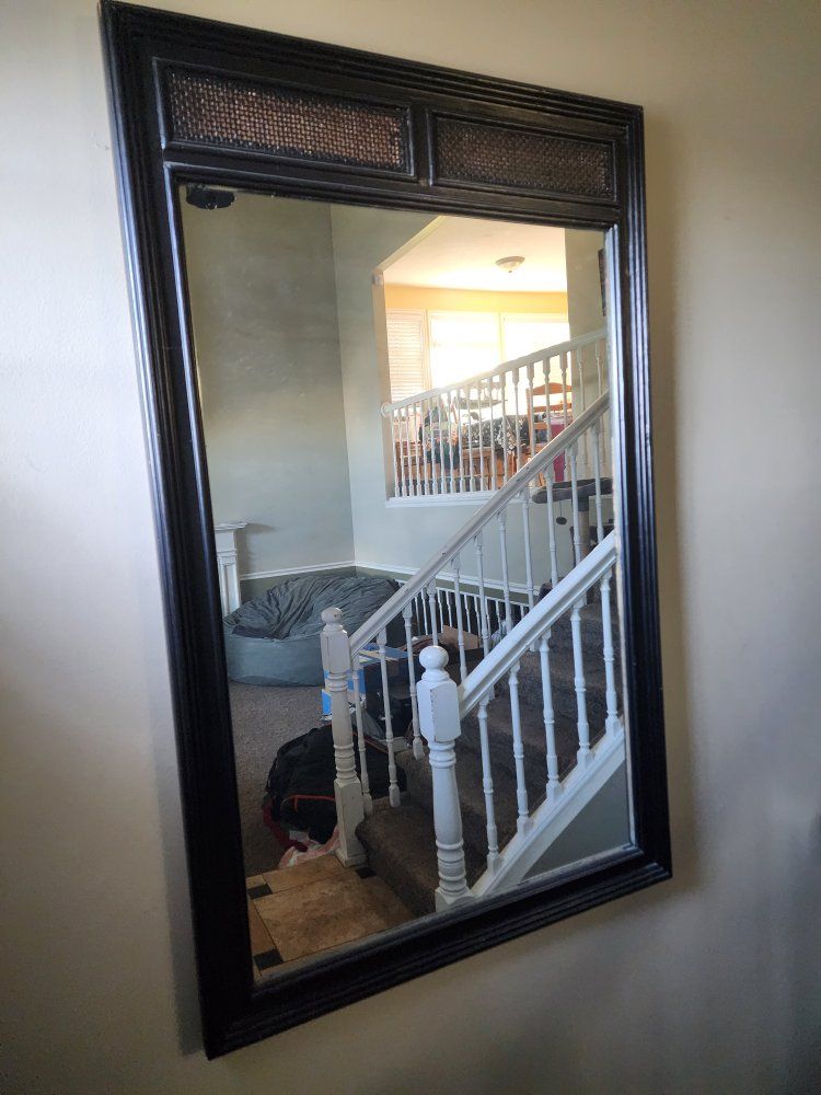 Large Black Framed Wall Mirror with Woven Cane Accent - Full Length Decor