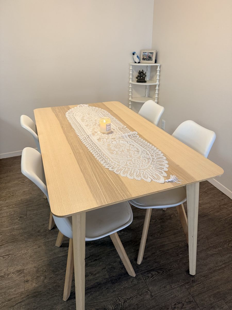 Modern Light Wood Dining Table Set with 6 White Chairs