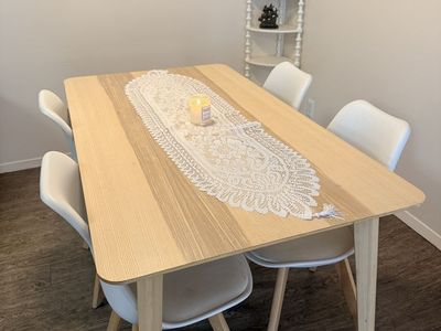 Modern Light Wood Dining Table Set with 6 White Chairs