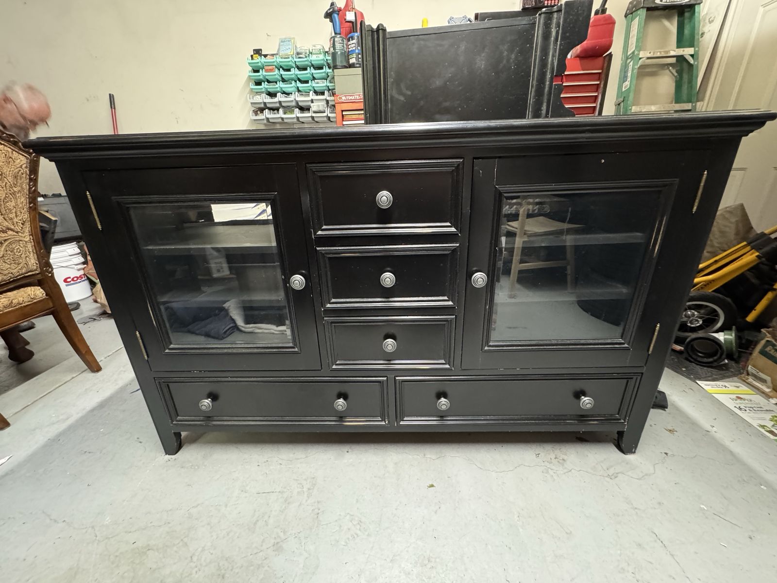 Black Media Console Cabinet with Glass Doors Hutch