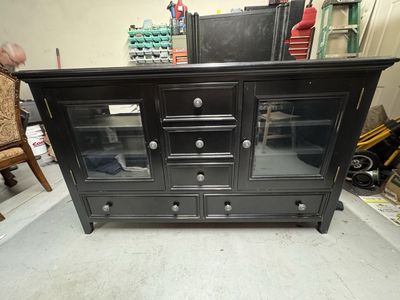 Black Media Console Cabinet with Glass Doors Hutch