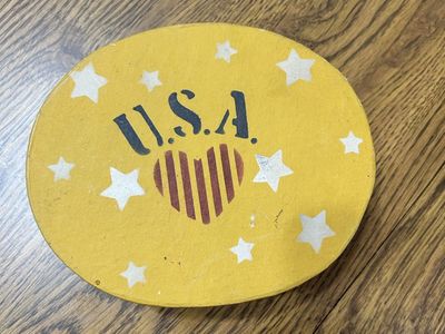 Vintage USA Heart Stars Patriotic Round Trinket Box Americana Decor