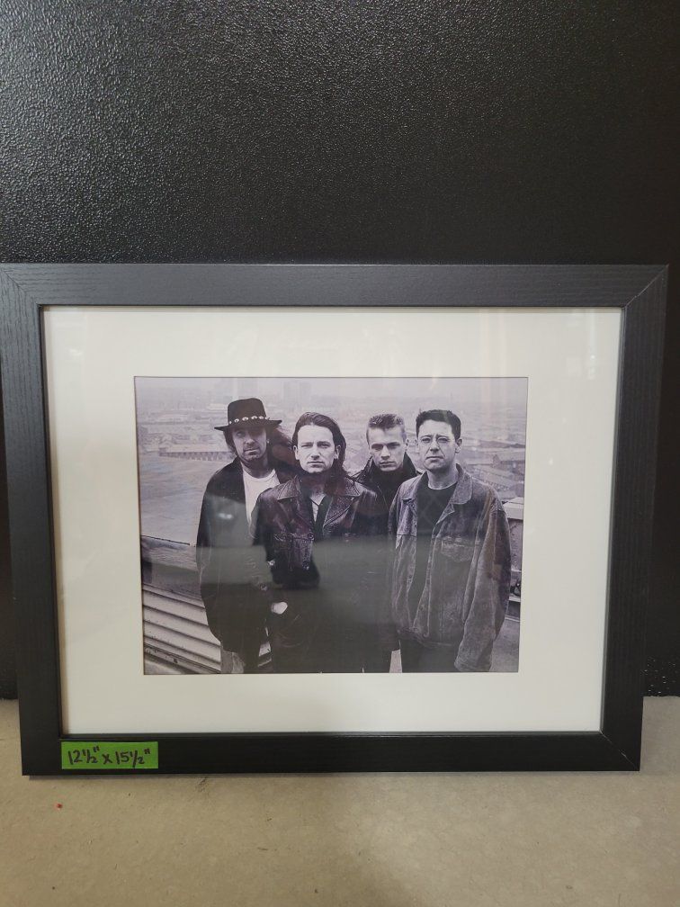 Framed U2 Band Black and White Photo Print 12.5" x 15.5"