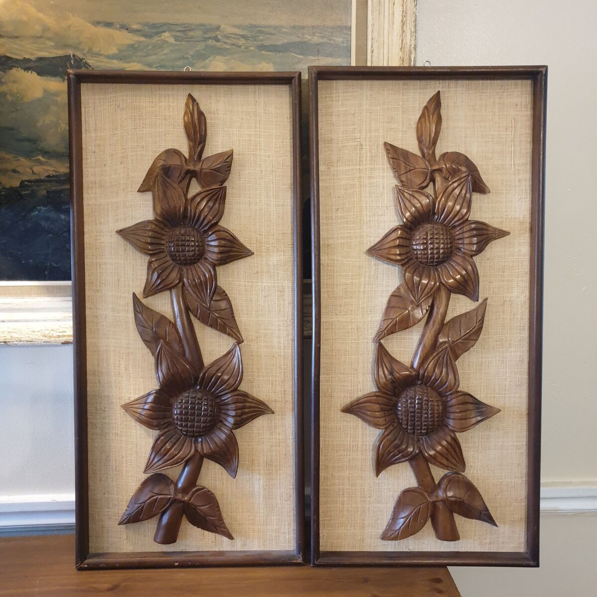 Vintage Carved Wood Burlap Floral Wall Art MCM