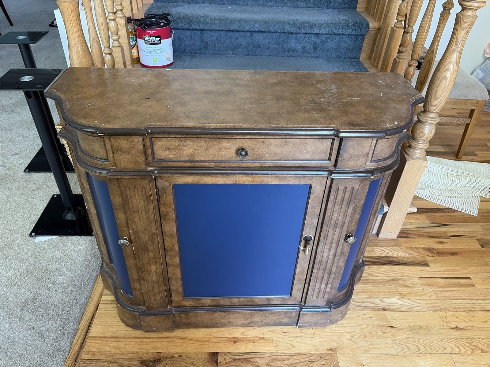 Wooden Accent Cabinet with Blue Panels and Drawer