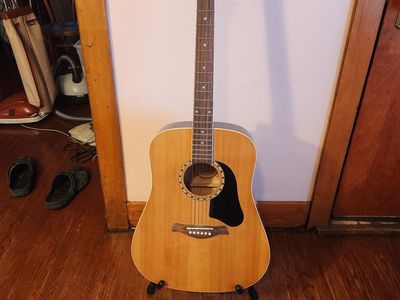 Rocker Model RA-200 acoustic dreadnaught sized guitar, guitar stand, Ibanez bag, guitar strap...and a pick. Sounds/looks great.