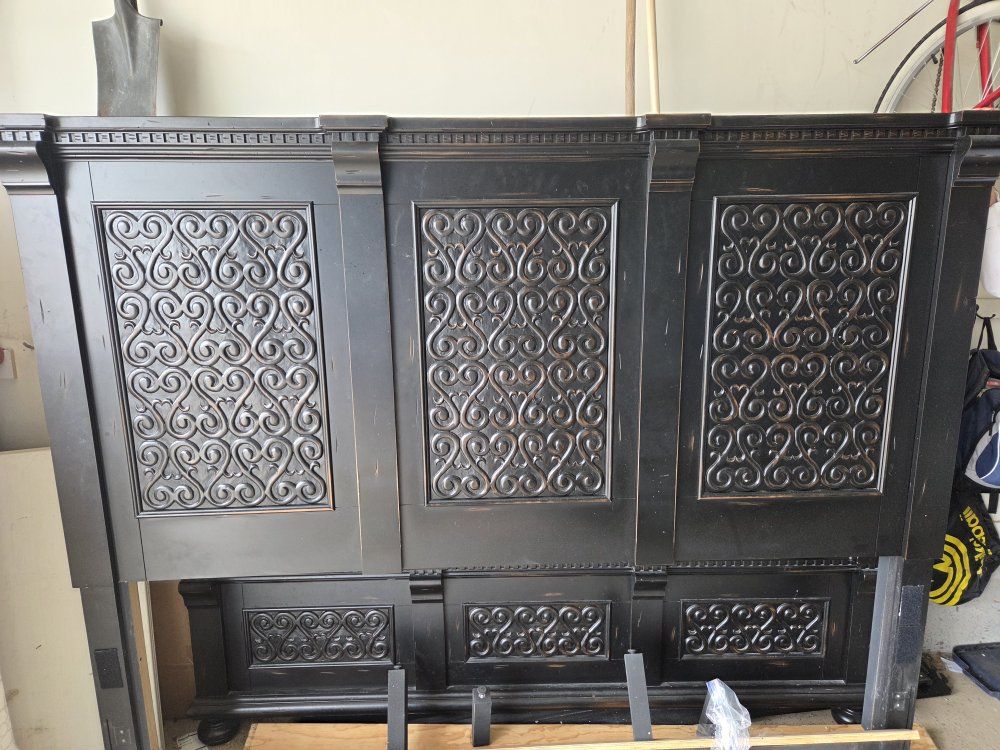 Ornate Black Wooden Bed Frame - Headboard, Footboard, Side Rails, Slats - King Size