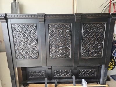 Ornate Black Wooden Bed Frame - Headboard, Footboard, Side Rails, Slats - King Size