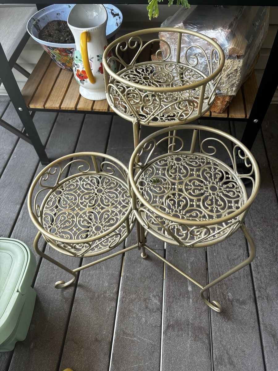 Gold 3-Tier Metal Plant Stand - Decorative Scrollwork Flower Pot Holder