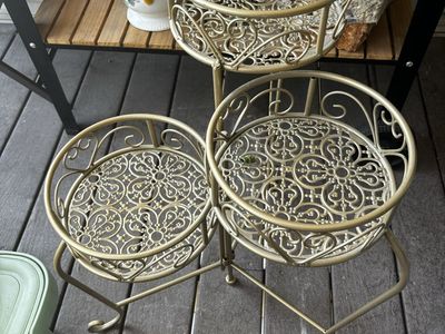 Gold 3-Tier Metal Plant Stand - Decorative Scrollwork Flower Pot Holder
