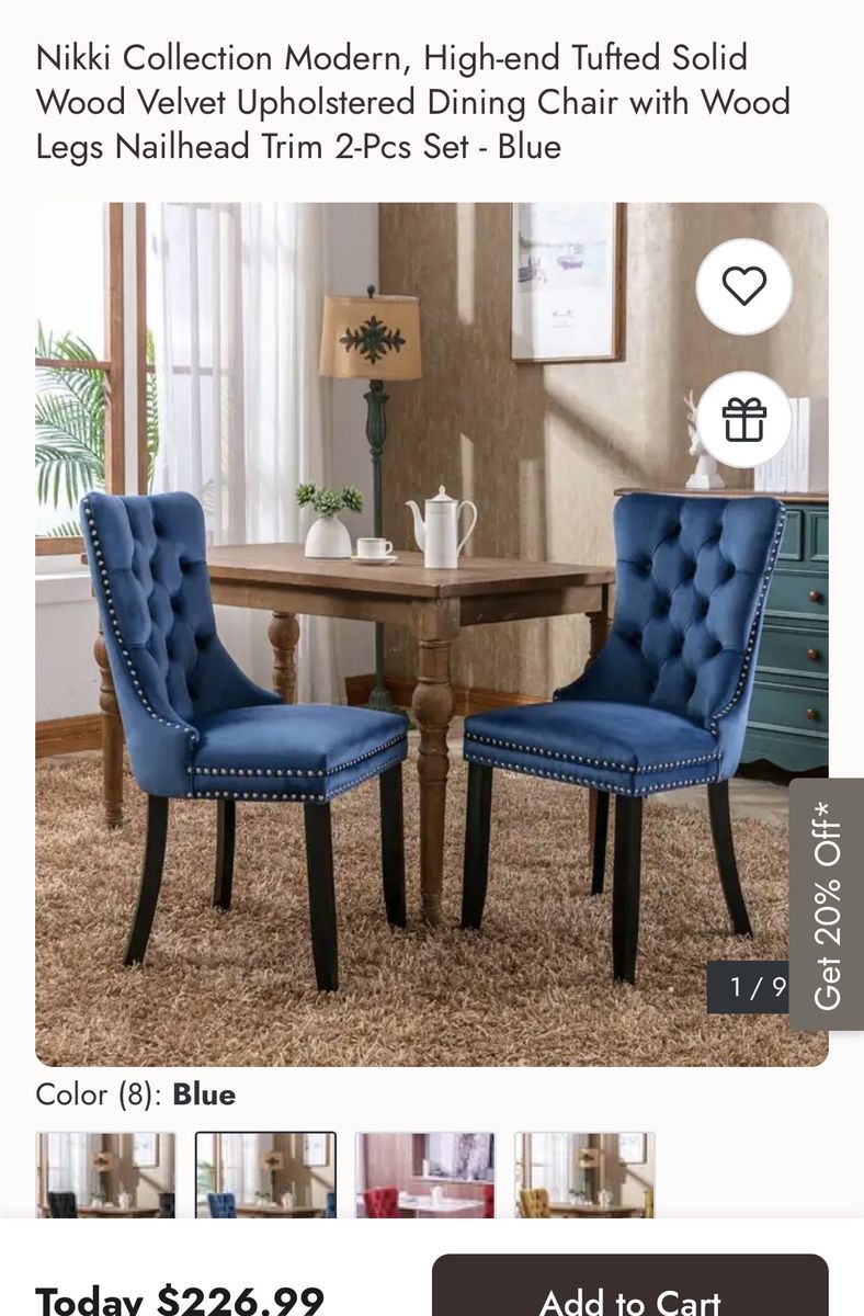 Nikki Collection Tufted Velvet Upholstered Dining Chairs - Blue (2-Piece Set)